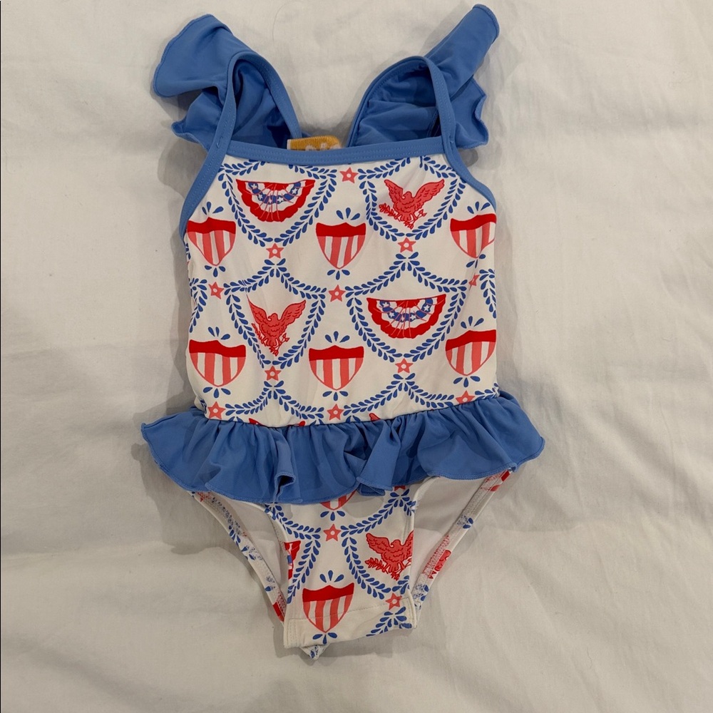 The Beaufort Bonnet Company Blue and Red Girls' Ruffle One-Piece Swimsuit